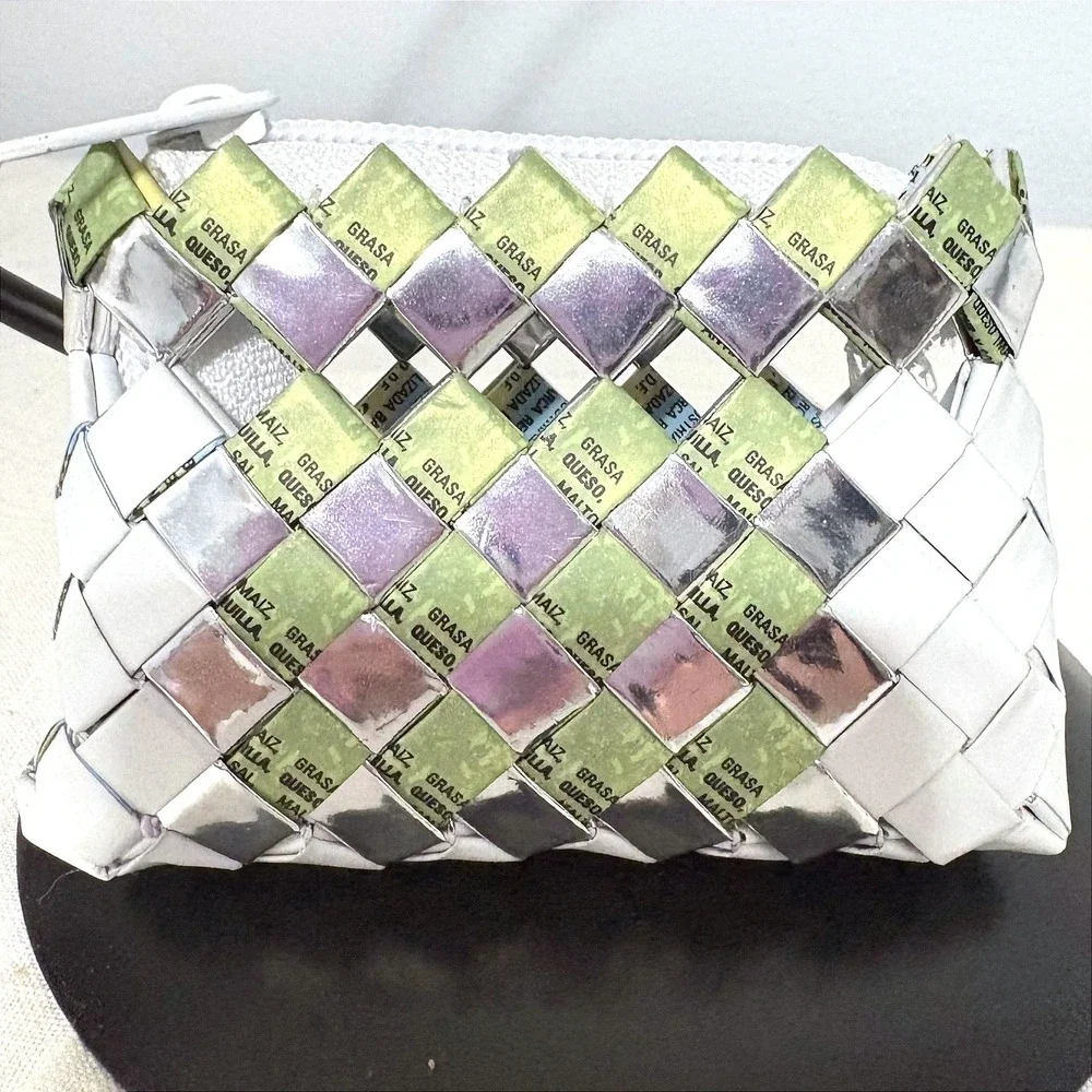Handcrafted Upcycled Woven Coin Purse‎ Green Silver White Recycled Wrapper Bag